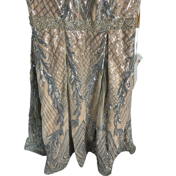 Mac Duggal 4 Nude Silver Cap Sleeve V Neck Midi Gown Art Deco Tea Length 67533 - Picture 5 of 16